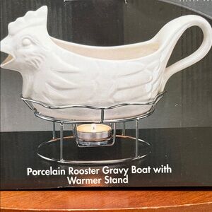 Godinger ..Vintage Rooster Gravy Boat W Warmer Stand White Porcelain..